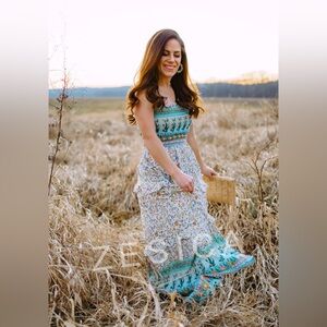 NWT Floral Boho Maxi Dress with Green Accents S